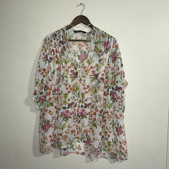 Zara Floral Spring Lightweight Oversized Sheer Ruffles VNeck Women Blouse Size S - Picture 1 of 7